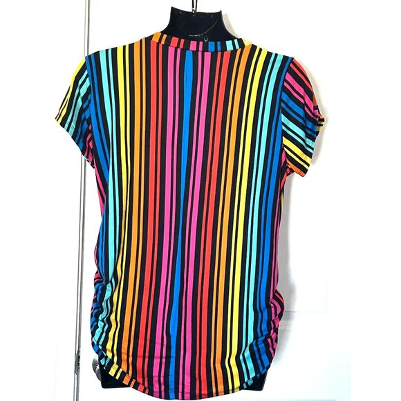 Rainbow Stripe Short Sleeve Womens Polyester  Spandex Casual - Picture 3 of 6